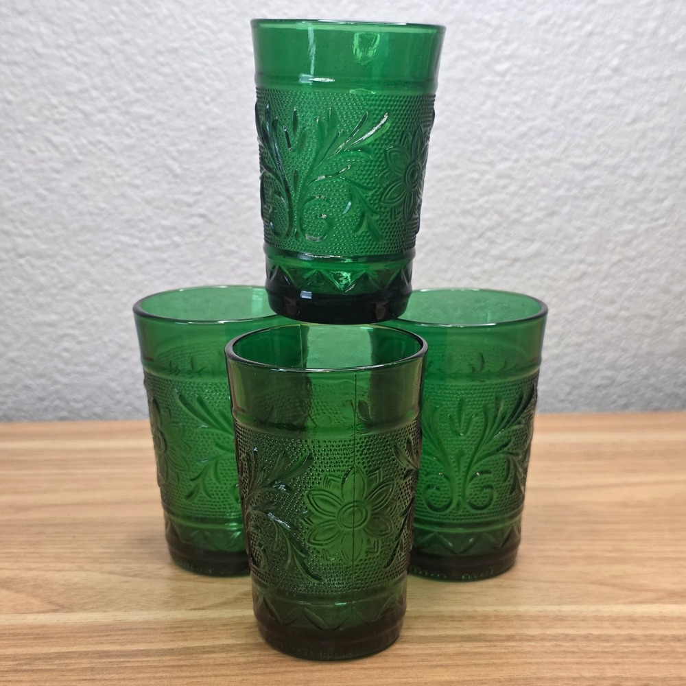4 Vtg Anchor Hocking Forest Green Sandwich Glass Flat Juice Tumblers 3.5" Tall
